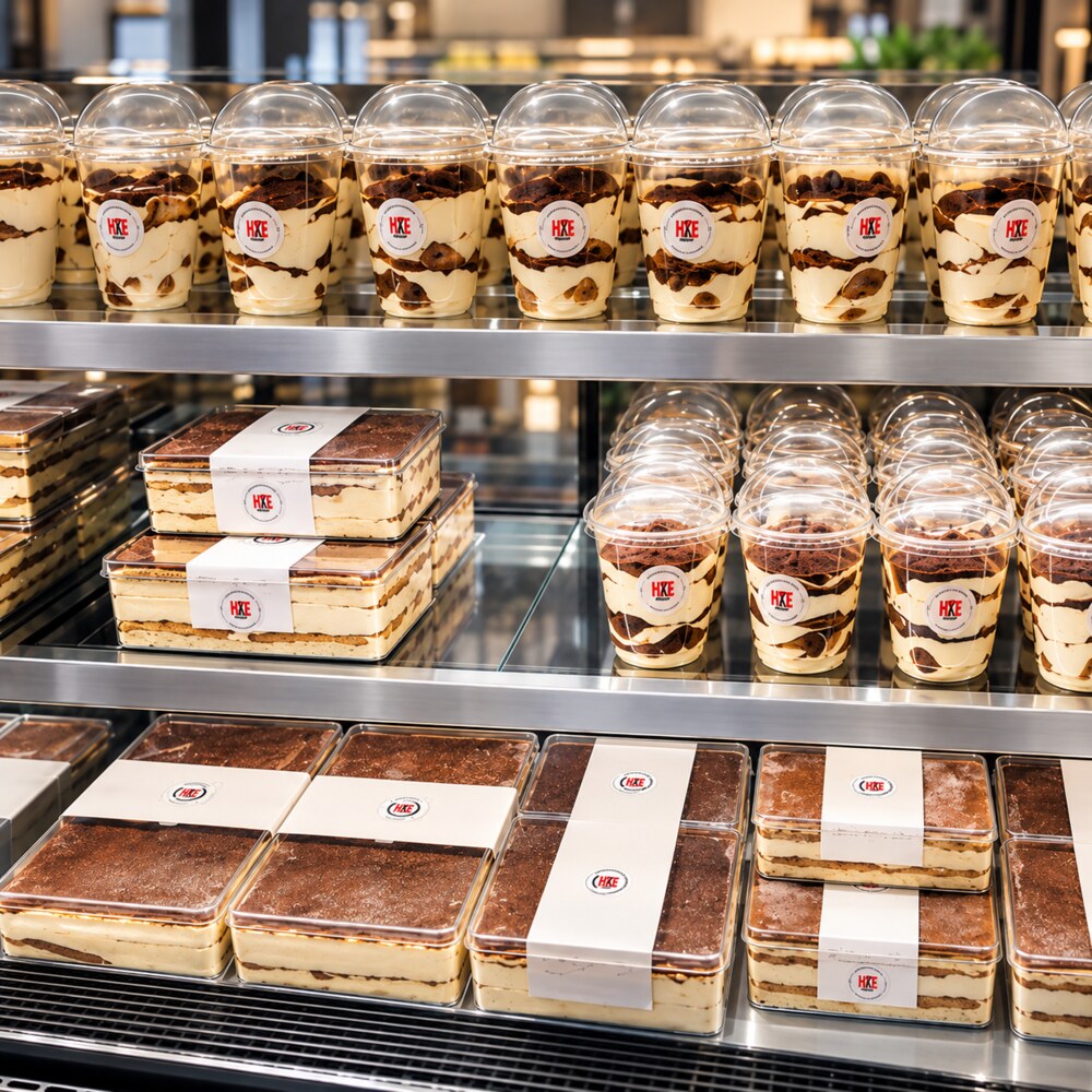 Clear tiramisu dessert boxes and cups with branded labels arranged in a retail display
